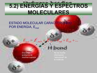 5.2) ENERGÍAS Y ESPECTROS
       MOLECULARES
ESTADO MOLECULAR CARACTERIZADO
POR ENERGIA, Emol



       Emol       E elect   E kT      EkR         Evib ...


      Compleja ,                   No da mucha
      problema de                  información
      muchos cuerpos               “estructural” de
                                   la molécula
 