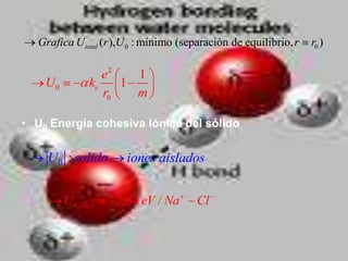 Grafica U total (r ),U 0 : mínimo (separación de equilibrio, r   r0 )

                   e2   1
    U0          ke    1
                   r0   m

• U0 Energía cohesiva Iónica del sólido


    U 0 : solido       iones aislados


         U 0, Nacl   7,84 eV / Na      Cl
 