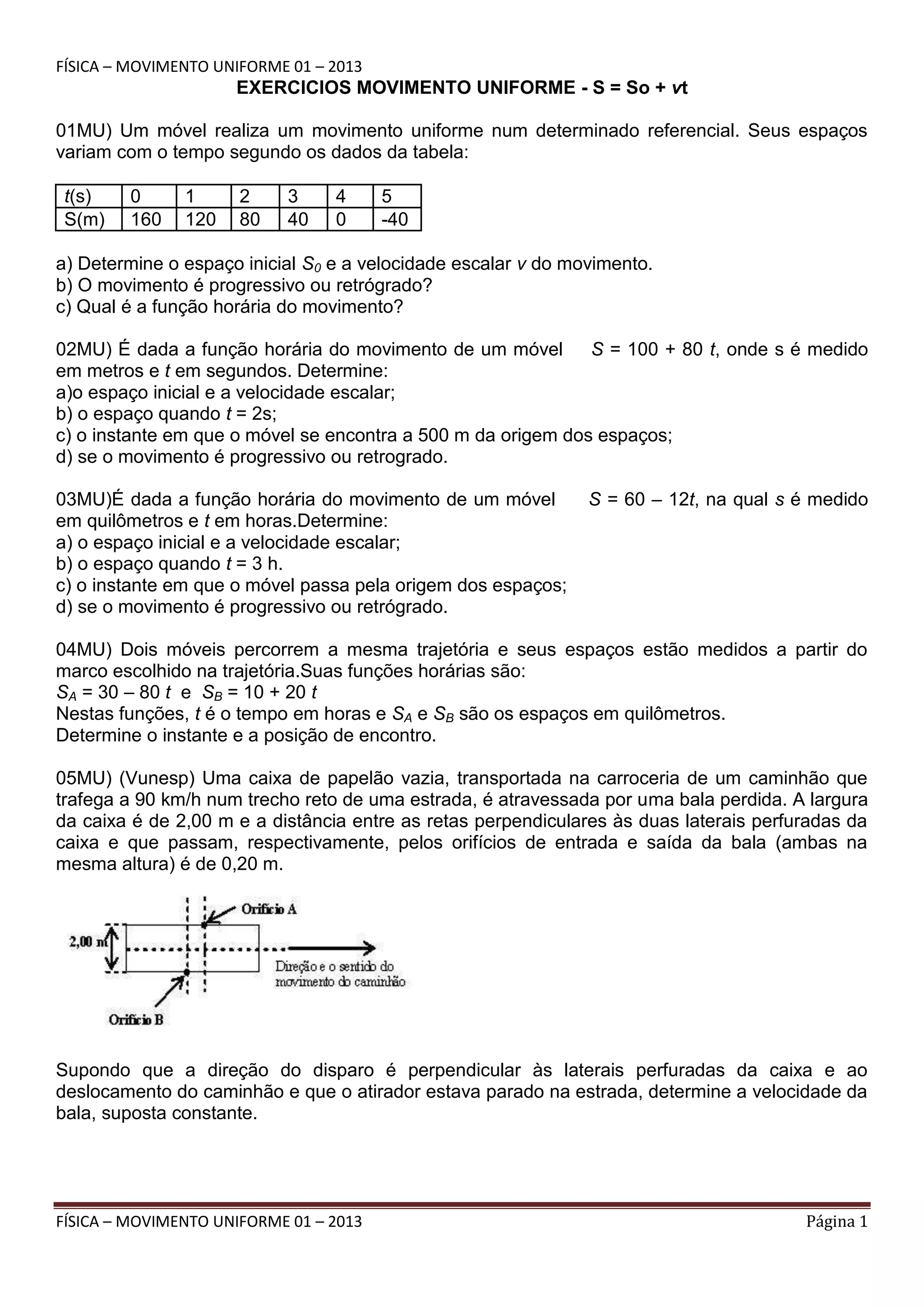Física – movimento uniforme 01 – 2013 | DOCX