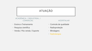 ACADÊMICA / INDUSTRIAL /
COMERCIAL
• Ensino e Treinamento
• Pesquisa científica
• Venda / Pós-venda / Suporte
• Controle de qualidade
• Radioproteção
• Blindagens
• Radioterapia
HOSPITALAR
ATUAÇÃO
 