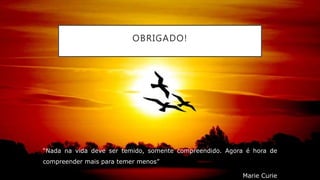 OBRIGADO!
“Nada na vida deve ser temido, somente compreendido. Agora é hora de
compreender mais para temer menos”
Marie Curie
 