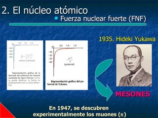 2. El núcleo atómico
                 Fuerza nuclear fuerte (FNF)

                              1935. Hideki Yukawa




                                    MESONES
             En 1947, se descubren
       experimentalmente los muones (π )
 