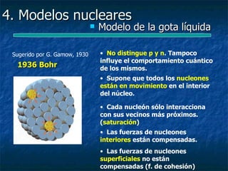 4. Modelos nucleares
                                  Modelo de la gota líquida

 Sugerido por G. Gamow, 1930       • No distingue p y n. Tampoco
                                   influye el comportamiento cuántico
  1936 Bohr                        de los mismos.
                                   • Supone que todos los nucleones
                                   están en movimiento en el interior
                                   del núcleo.

                                   • Cada nucleón sólo interacciona
                                   con sus vecinos más próximos.
                                   (saturación)
                                   • Las fuerzas de nucleones
                                   interiores están compensadas.
                                   • Las fuerzas de nucleones
                                   superficiales no están
                                   compensadas (f. de cohesión)
 