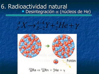 6. Radioactividad natural
            Desintegración α (núcleos de He)

     A
     Z   X→       A− 4
                  Z −2Y + He + γ
                           4
                           2
 