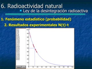 6. Radioactividad natural
             Ley de la desintegración radioactiva

1. Fenómeno estadístico (probabilidad)
 2. Resultados experimentales N(t)-t
 