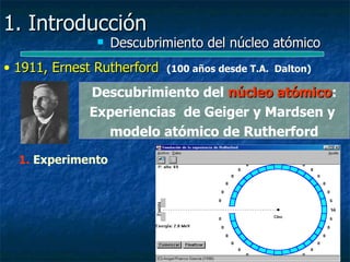 1. Introducción
                  Descubrimiento del núcleo atómico
• 1911, Ernest Rutherford   (100 años desde T.A. Dalton)

             Descubrimiento del núcleo atómico:
                                       atómico
             Experiencias de Geiger y Mardsen y
               modelo atómico de Rutherford

  1. Experimento
 