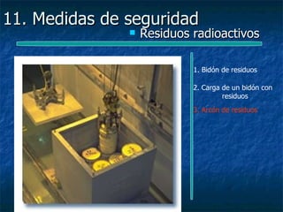11. Medidas de seguridad
                  Residuos radioactivos

                            1. Bidón de residuos

                            2. Carga de un bidón con
                                     residuos
                            3. Arcón de residuos
 