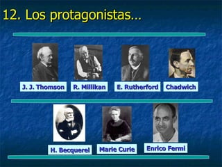 12. Los protagonistas…




   J. J. Thomson   R. Millikan   E. Rutherford   Chadwich




           H. Becquerel    Marie Curie    Enrico Fermi
 