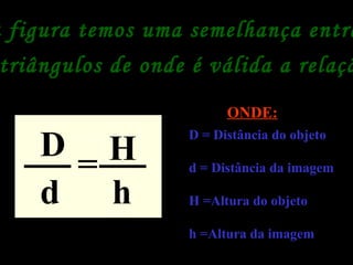 figura temos uma semelhança entre
triângulos de onde é válida a relaçã
hd
D
= H
D = Distância do objeto
d = Distância da imagem
H =Altura do objeto
h =Altura da imagem
ONDE:
 