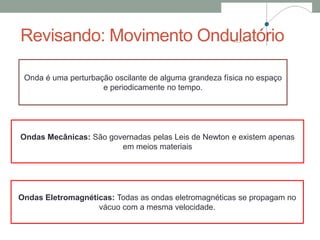 Ondas Mecânicas: São governadas pelas Leis de Newton e existem apenas
em meios materiais
Ondas Eletromagnéticas: Todas as ondas eletromagnéticas se propagam no
vácuo com a mesma velocidade.
Onda é uma perturbação oscilante de alguma grandeza física no espaço
e periodicamente no tempo.
13
Revisando: Movimento Ondulatório
 