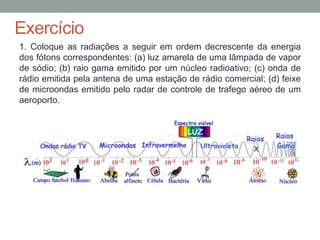 Exercício
1. Coloque as radiações a seguir em ordem decrescente da energia
dos fótons correspondentes: (a) luz amarela de uma lâmpada de vapor
de sódio; (b) raio gama emitido por um núcleo radioativo; (c) onda de
rádio emitida pela antena de uma estação de rádio comercial; (d) feixe
de microondas emitido pelo radar de controle de trafego aéreo de um
aeroporto.
 