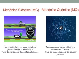 Mecânica Clássica (MC)
Lida com fenômenos macroscópicos
(escala familiar - “cotidiano”)
Trata do movimento de objetos clássicos.
Mecânica Quântica (MQ)
Fenômenos na escala atômica e
subatômica. 10-15cm
Trata do comportamento de objetos
quânticos.
 