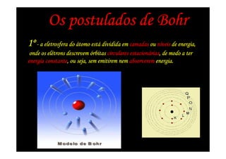 Os postulados de Bohr
1º - a eletrosfera do átomo está dividida em camadas ou níveis de energia,
                            está
 onde os elétrons descrevem órbitas circulares estacionárias, de modo a ter
         elé                                   estacionárias,
        constante,
energia constante, ou seja, sem emitirem nem absorverem energia.
 