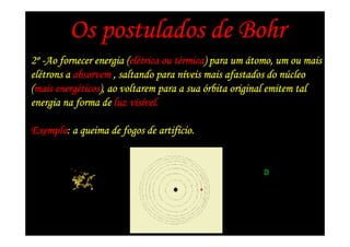 Os postulados de Bohr
2º -Ao fornecer energia (elétrica ou térmica) para um átomo, um ou mais
                        (el
                         elé         térmica)
elé
elétrons a absorvem , saltando para níveis mais afastados do núcleo
                                      ní                      nú
      energéticos),
(mais energéticos), ao voltarem para a sua órbita original emitem tal
                         visí
energia na forma de luz visível.

Exemplo:
Exemplo: a queima de fogos de artifício.
                              artifí
 