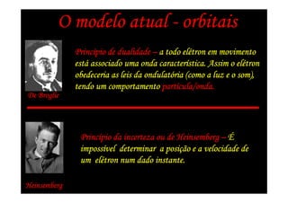O modelo atual - orbitais
              Princí
              Princípio de dualidade – a todo elétron em movimento
                                               elé
              está                      caracterí               elé
              está associado uma onda característica. Assim o elétron
                                    ondulató
              obedeceria as leis da ondulatória (como a luz e o som),
                                         partí
              tendo um comportamento partícula/onda.
De Broglie




               Princí
               Princípio da incerteza ou de Heinsemberg – É
               impossí                   posiç
               impossível determinar a posição e a velocidade de
                   elé
               um elétron num dado instante.

Heinsemberg
 