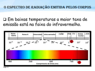 Page  9
O Espectro de Radiação Emitida pelos Corpos
 Em baixas temperaturas a maior taxa de
emissão está na faixa do infravermelho.
 