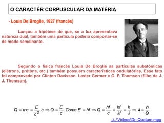O CARACTÉR CORPUSCULAR DA MATÉRIA
Onde ©¤ é a Constante de Planck (h) dividida por 2π.
- Louis De Broglie, 1927 (francês)
Segundo o físico francês Louis De Broglie as partículas subatômicas
(elétrons, prótons, etc.) também possuem características ondulatórias. Esse fato
foi comprovado por Clinton Davisson, Lester Germer e G. P. Thomson (filho de J.
J. Thomson).
Q
h
λ 












h
f
hf
c
hf
Q
hf
E
Como
.
c
E
Q
c
.
c
E
mc
Q
2
Lançou a hipótese de que, se a luz apresentava
natureza dual, também uma partícula poderia comportar-se
de modo semelhante.
....VídeosDr. Quatum.mpg
 