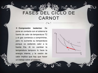 FASES DEL CICLO DE
            CARNOT

 Compresión       isoterma:   Se
pone en contacto con el sistema la
fuente de calor de temperatura T2
y el gas comienza a comprimirse,
pero no aumenta su temperatura
porque va cediendo calor a la
fuente fría. Al no cambiar la
temperatura tampoco lo hace la
energía interna, y la cesión de
calor implica que hay que hacer
un trabajo sobre el sistema.
 