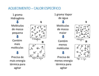 AQUECIMENTO – CALOR ESPECÍFICO
1 grama
Hidrogênio
1 grama Vapor
de água
Moléculas
de massa
pequena
Moléculas
de massa
maior
Contém
mais
moléculas
Contém
menos
moléculas
Precisa de
mais energia
térmica para
agitar
Precisa de
menos energia
térmica para
agitar
 