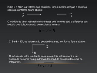 2) Se θ = 180º, os vetores são paralelos, têm a mesma direção e sentidos
opostos, conforme figura abaixo:

             A                                            B

O módulo do vetor resultante entre estes dois vetores será a diferença dos
módulo dos dois, chamado de resultante mínima.

                            R = A− B

 3) Se θ = 90º, os vetores são perpendiculares, conforme figura abaixo:

                                   A

                       B
 O módulo do vetor resultante entre estes dois vetores será a raiz
 quadrada da soma dos quadrados dos módulo dos dois (teorema de
 Pitágoras).
                           R= A + B2     2
 