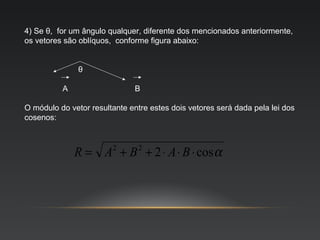 4) Se θ, for um ângulo qualquer, diferente dos mencionados anteriormente,
os vetores são oblíquos, conforme figura abaixo:


               θ

          A                    B

O módulo do vetor resultante entre estes dois vetores será dada pela lei dos
cosenos:



              R = A2 + B 2 + 2 ⋅ A ⋅ B ⋅ cos α
 