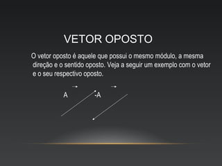 VETOR OPOSTO
O vetor oposto é aquele que possui o mesmo módulo, a mesma
direção e o sentido oposto. Veja a seguir um exemplo com o vetor
e o seu respectivo oposto.

           A          -A
 