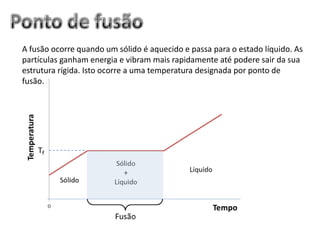 A fusão ocorre quando um sólido é aquecido e passa para o estado líquido. As
partículas ganham energia e vibram mais rapidamente até podere sair da sua
estrutura rígida. Isto ocorre a uma temperatura designada por ponto de
fusão.
 