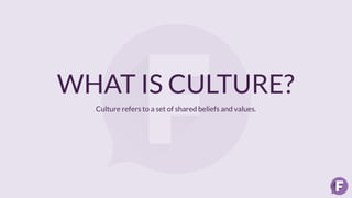 WHAT IS CULTURE?
Culture refers to a set of shared beliefs and values.
 