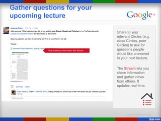 Google Confidential and Proprietary
Gather questions for your
upcoming lecture
Share to your
relevant Circles (e.g.
class Circles, peer
Circles) to ask for
questions people
would like answered
in your next lecture.
The Stream lets you
share information
and gather views
from others. It
updates real-time.
Share relevant information with Stream
 