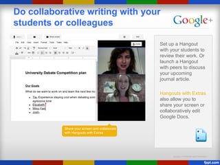 Google Confidential and Proprietary
Do collaborative writing with your
students or colleagues
Set up a Hangout
with your students to
review their work. Or
launch a Hangout
with peers to discuss
your upcoming
journal article.
Hangouts with Extras
also allow you to
share your screen or
collaboratively edit
Google Docs.
Share your screen and collaborate
with Hangouts with Extras
 