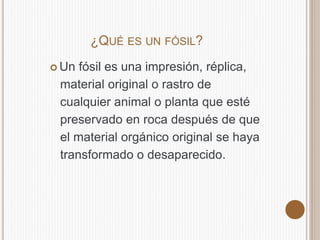¿QUÉ ES UN FÓSIL?
Un fósil es una impresión, réplica,
material original o rastro de
cualquier animal o planta que esté
preservado en roca después de que
el material orgánico original se haya
transformado o desaparecido.