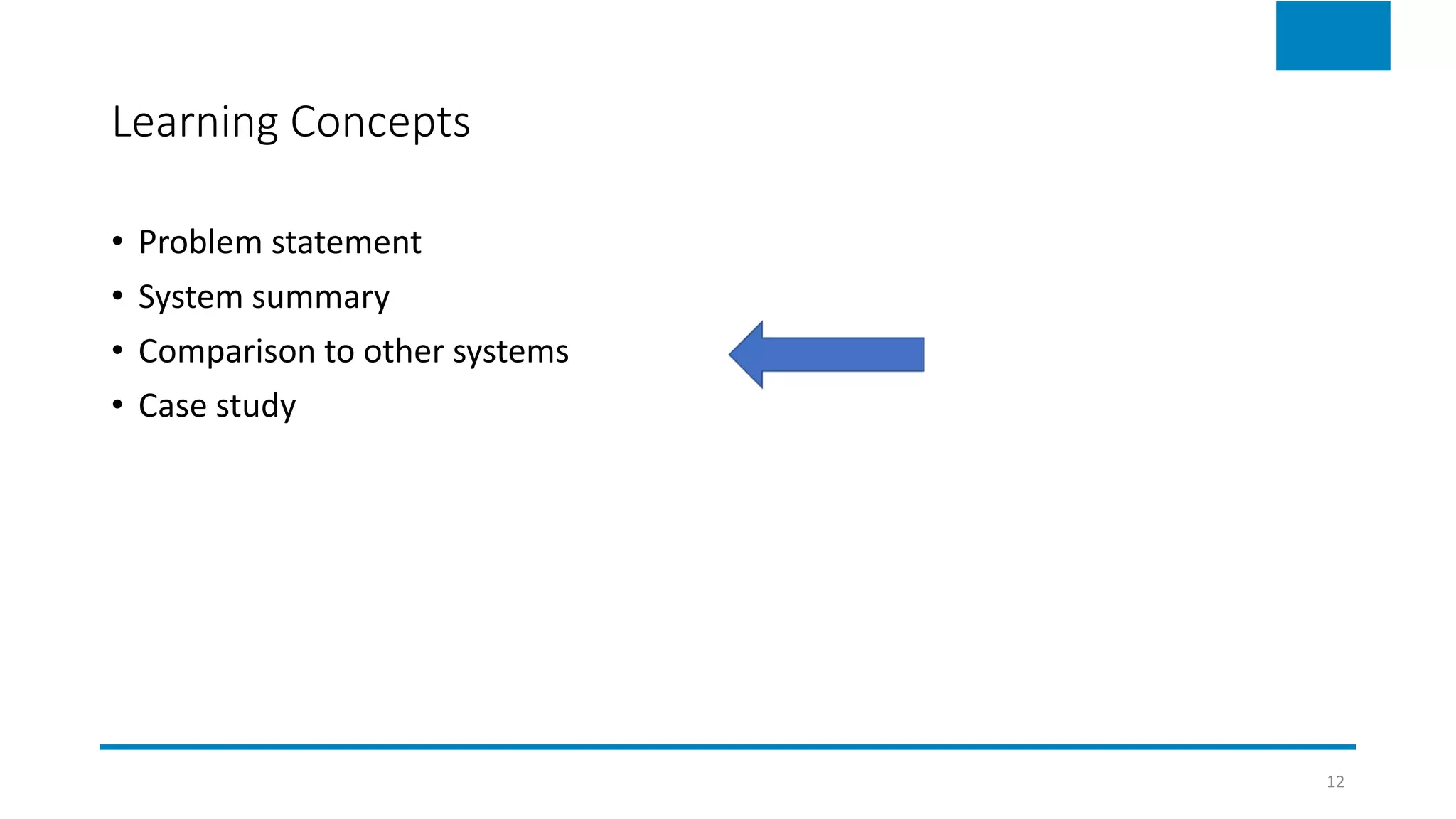 Learning Concepts
• Problem statement
• System summary
• Comparison to other systems
• Case study
12
 
