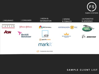 | MEDIA &     | MINING             |AUTOMOTIVE  
| INSURANCE   | CONSUMER   INFORMATION                        & AEROSPACE
                                         & TOBACCO 




                                             S A M P L E   C L I E N T   L I S T
 