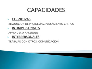  COGNITIVAS
RESOLUCION DE PROBLEMAS, PENSAMIENTO CRITICO
 INTRAPERSONALES
APRENDER A APRENDER
 INTERPERSONALES
TRABAJAR CON OTROS, COMUNICACION
 