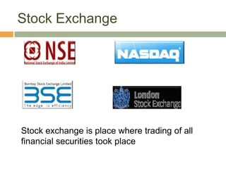 Stock Exchange Stock exchange is place where trading of all financial securities took place