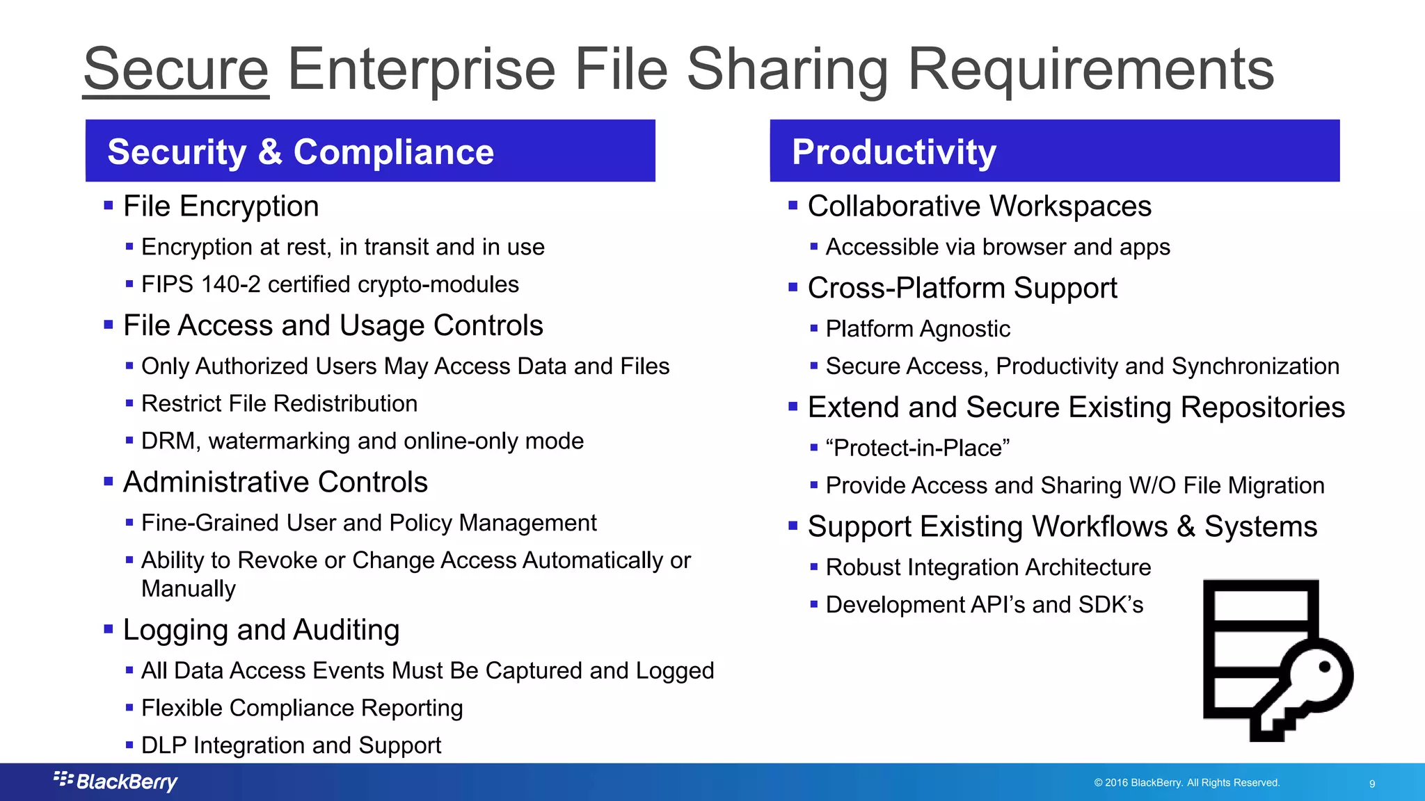 © 2016 BlackBerry. All Rights Reserved. 9
Secure Enterprise File Sharing Requirements
Security & Compliance Productivity
 File Encryption
 Encryption at rest, in transit and in use
 FIPS 140-2 certified crypto-modules
 File Access and Usage Controls
 Only Authorized Users May Access Data and Files
 Restrict File Redistribution
 DRM, watermarking and online-only mode
 Administrative Controls
 Fine-Grained User and Policy Management
 Ability to Revoke or Change Access Automatically or
Manually
 Logging and Auditing
 All Data Access Events Must Be Captured and Logged
 Flexible Compliance Reporting
 DLP Integration and Support
 Collaborative Workspaces
 Accessible via browser and apps
 Cross-Platform Support
 Platform Agnostic
 Secure Access, Productivity and Synchronization
 Extend and Secure Existing Repositories
 “Protect-in-Place”
 Provide Access and Sharing W/O File Migration
 Support Existing Workflows & Systems
 Robust Integration Architecture
 Development API’s and SDK’s
 
