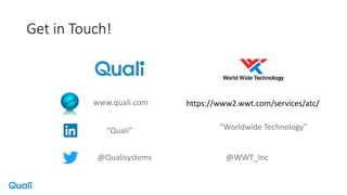 Get in Touch!
www.quali.com
“Quali”
@Qualisystems
https://www2.wwt.com/services/atc/
“Worldwide Technology”
@WWT_Inc
 