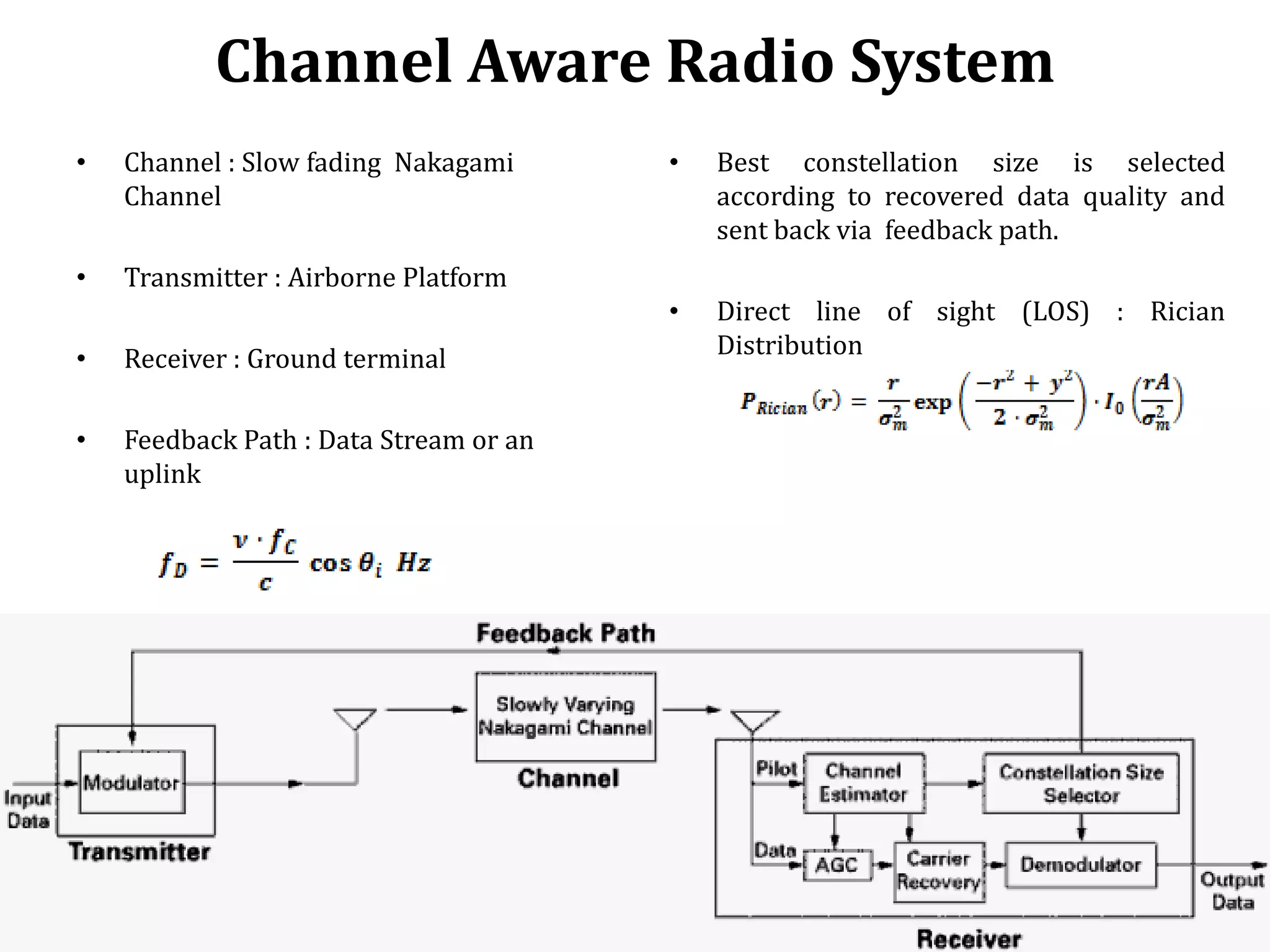 Channel Aware Radio System
•   Channel : Slow fading Nakagami      •   Best constellation size is selected
    Channel                                 according to recovered data quality and
                                            sent back via feedback path.
•   Transmitter : Airborne Platform
                                        •   Direct line of sight (LOS) : Rician
•   Receiver : Ground terminal              Distribution


•   Feedback Path : Data Stream or an
    uplink
 