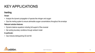 Inerting
Scope:
• Analyze the dynamic propagation of species like nitrogen and oxygen
• Size the inerting system to ensure admissible oxygen concentrations throughout the envelope
Relevant solution features:
• Dynamic balance equations including full support of flow reversal
• Set venting boundary conditions through ambient model
In particular:
• Gas mixtures distinguishing O2 and N2
KEY APPLICATIONS
16©2019 Modelon
 