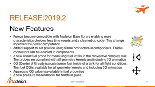RELEASE:2019.2
New Features
31©2019 Modelon
• Pumps become compatible with Modelon Base library enabling more
characteristics choices, less time events and a cleaned-up code. This change
improved the power computation
• Added support to set position using frame connectors in components. Frame
connectors can be enabled in components
• A new linear fuel probe for measuring fuel levels in the convective complex tank.
The probes are compliant with all geometry kernels and including 3D animation
• CG (Center of Gravity) calculation on fuel inside of a tank for all flight conditions.
The fuel CG is available for all geometry kernels and including 3D animation
• Aggregate CG value is available in fuel properties
• A new pressure losses model for bends in pipes
 