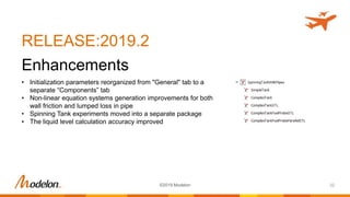 RELEASE:2019.2
Enhancements
32©2019 Modelon
• Initialization parameters reorganized from "General" tab to a
separate “Components” tab
• Non-linear equation systems generation improvements for both
wall friction and lumped loss in pipe
• Spinning Tank experiments moved into a separate package
• The liquid level calculation accuracy improved
 