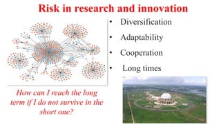 Risk in research and innovation
• Diversification
• Adaptability
• Cooperation
• Long times
How can I reach the long
term if I do not survive in the
short one?
 