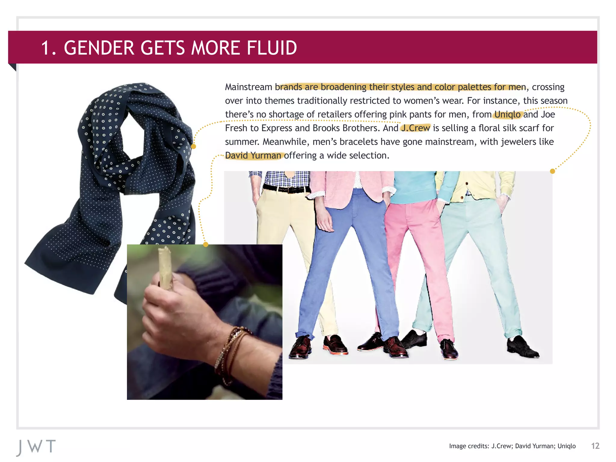 12
1. GENDER GETS MORE FLUID
Mainstream brands are broadening their styles and color palettes for men, crossing
over into themes traditionally restricted to women’s wear. For instance, this season
there’s no shortage of retailers offering pink pants for men, from Uniqlo and Joe
Fresh to Express and Brooks Brothers. And J.Crew is selling a floral silk scarf for
summer. Meanwhile, men’s bracelets have gone mainstream, with jewelers like
David Yurman offering a wide selection.
Image credits: J.Crew; David Yurman; Uniqlo
 