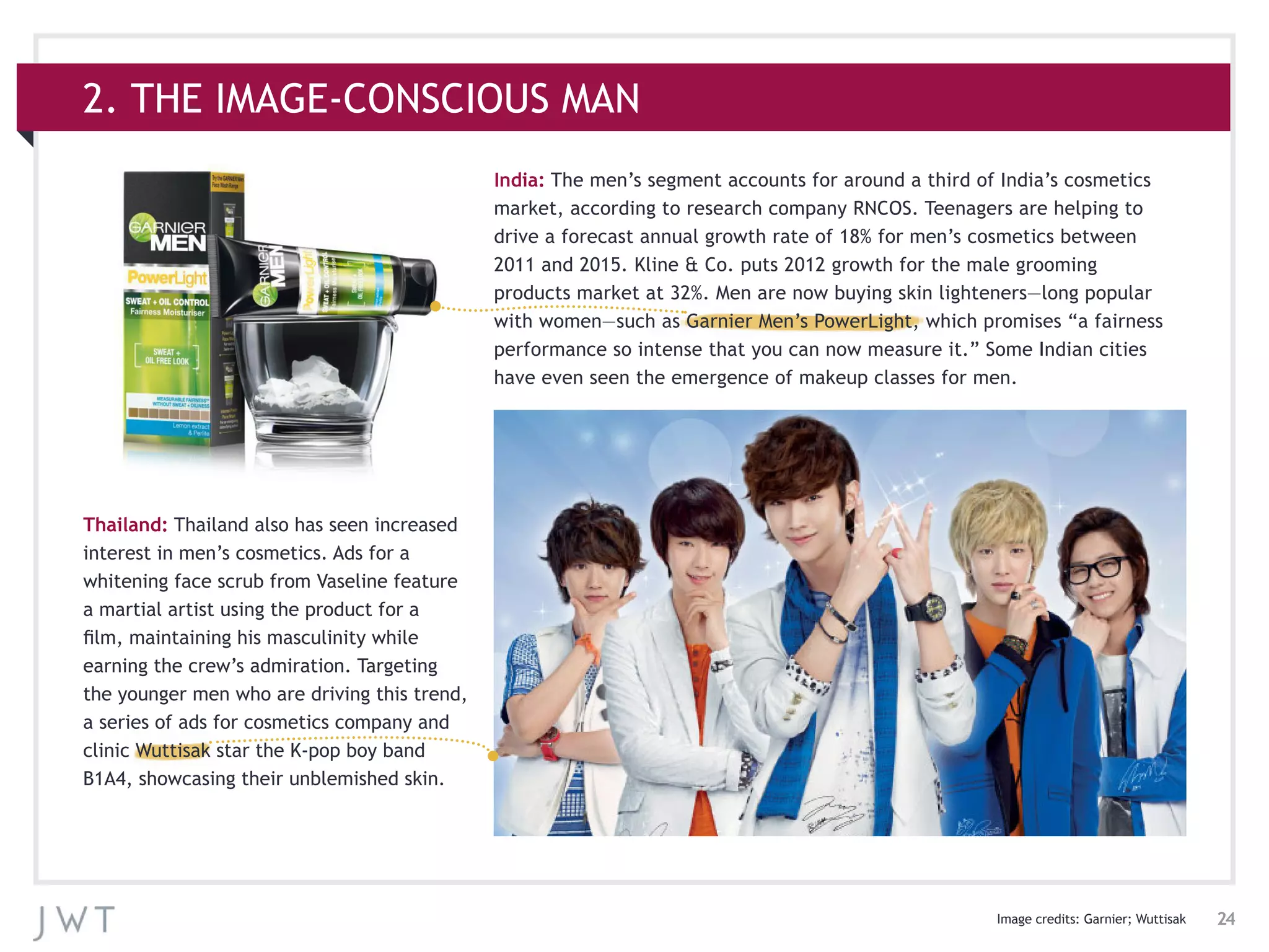 24
India: The men’s segment accounts for around a third of India’s cosmetics
market, according to research company RNCOS. Teenagers are helping to
drive a forecast annual growth rate of 18% for men’s cosmetics between
2011 and 2015. Kline & Co. puts 2012 growth for the male grooming
products market at 32%. Men are now buying skin lighteners—long popular
with women—such as Garnier Men’s PowerLight, which promises “a fairness
performance so intense that you can now measure it.” Some Indian cities
have even seen the emergence of makeup classes for men.
Thailand: Thailand also has seen increased
interest in men’s cosmetics. Ads for a
whitening face scrub from Vaseline feature
a martial artist using the product for a
film, maintaining his masculinity while
earning the crew’s admiration. Targeting
the younger men who are driving this trend,
a series of ads for cosmetics company and
clinic Wuttisak star the K-pop boy band
B1A4, showcasing their unblemished skin.
2. THE IMAGE-CONSCIOUS MAN
Image credits: Garnier; Wuttisak
 