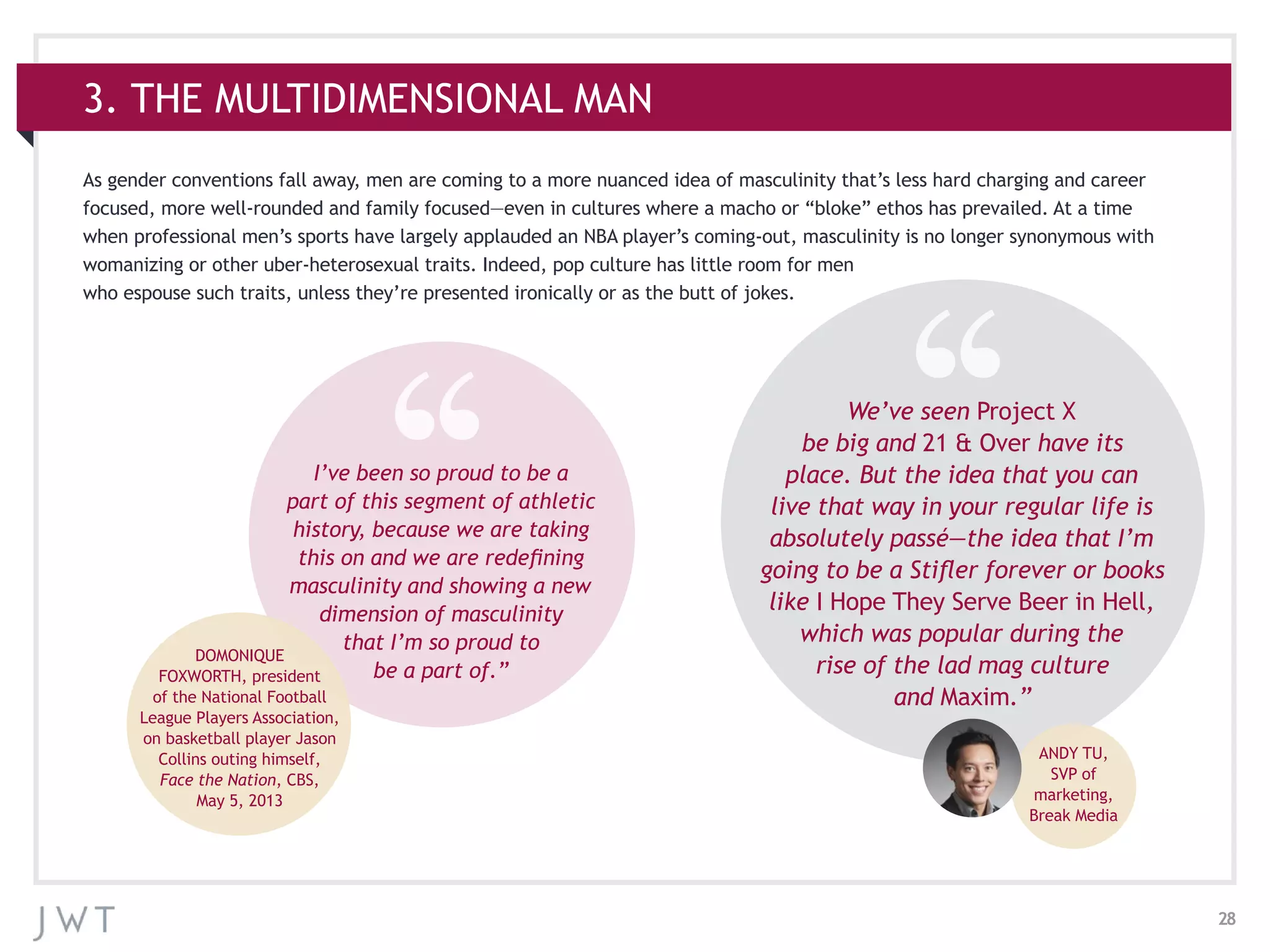 28
3. THE MULTIDIMENSIONAL MAN
As gender conventions fall away, men are coming to a more nuanced idea of masculinity that’s less hard charging and career
focused, more well-rounded and family focused—even in cultures where a macho or “bloke” ethos has prevailed. At a time
when professional men’s sports have largely applauded an NBA player’s coming-out, masculinity is no longer synonymous with
womanizing or other uber-heterosexual traits. Indeed, pop culture has little room for men
who espouse such traits, unless they’re presented ironically or as the butt of jokes.
We’ve seen Project X
be big and 21 & Over have its
place. But the idea that you can
live that way in your regular life is
absolutely passé—the idea that I’m
going to be a Stifler forever or books
like I Hope They Serve Beer in Hell,
which was popular during the
rise of the lad mag culture
and Maxim.”
ANDY TU,
SVP of
marketing,
Break Media
I’ve been so proud to be a
part of this segment of athletic
history, because we are taking
this on and we are redefining
masculinity and showing a new
dimension of masculinity
that I’m so proud to
be a part of.”
DOMONIQUE
FOXWORTH, president
of the National Football
League Players Association,
on basketball player Jason
Collins outing himself,
Face the Nation, CBS,
May 5, 2013
 