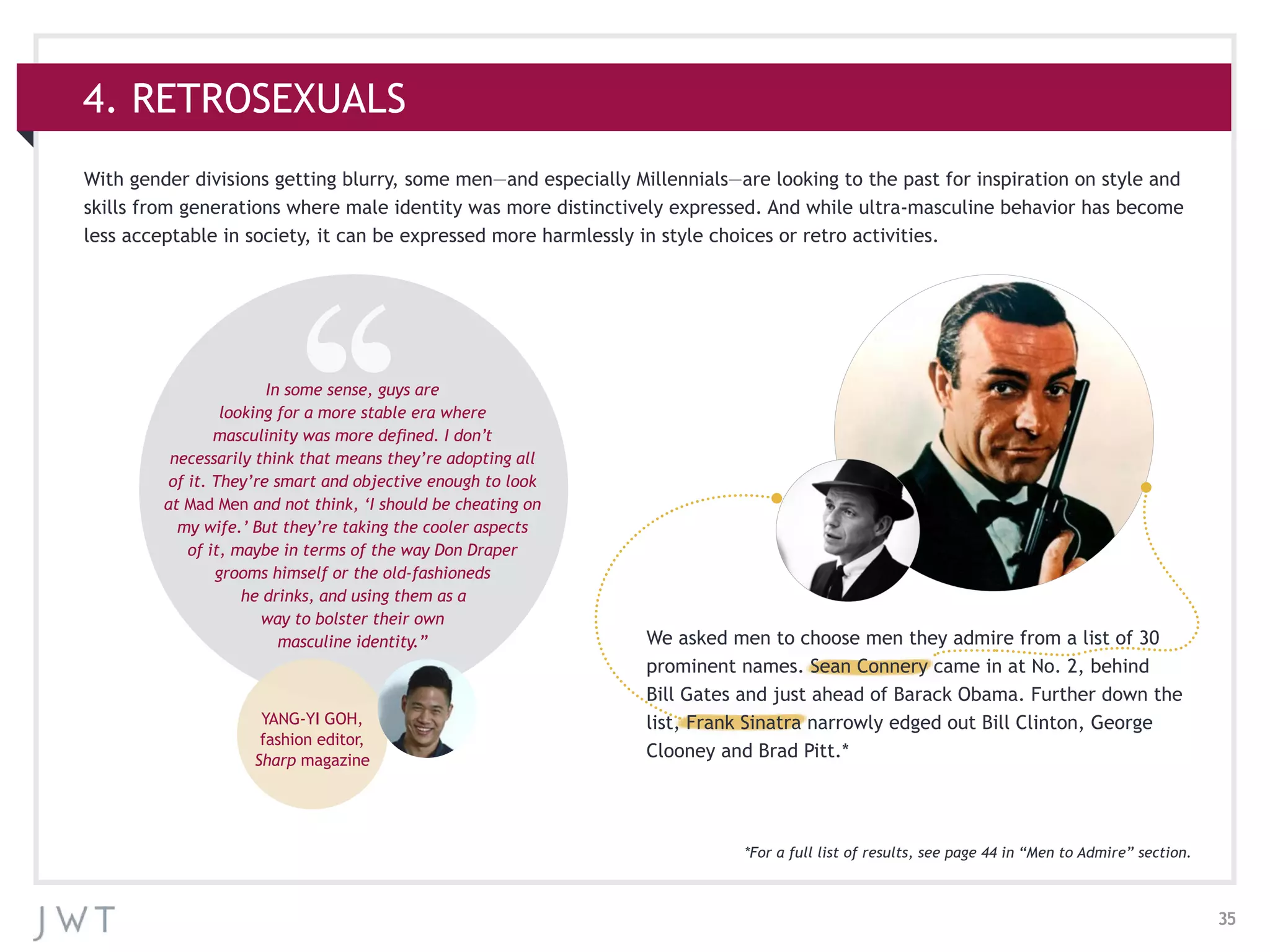 35
4. RETROSEXUALS
With gender divisions getting blurry, some men—and especially Millennials—are looking to the past for inspiration on style and
skills from generations where male identity was more distinctively expressed. And while ultra-masculine behavior has become
less acceptable in society, it can be expressed more harmlessly in style choices or retro activities.
In some sense, guys are
looking for a more stable era where
masculinity was more defined. I don’t
necessarily think that means they’re adopting all
of it. They’re smart and objective enough to look
at Mad Men and not think, ‘I should be cheating on
my wife.’ But they’re taking the cooler aspects
of it, maybe in terms of the way Don Draper
grooms himself or the old-fashioneds
he drinks, and using them as a
way to bolster their own
masculine identity.”
YANG-YI GOH,
fashion editor,
Sharp magazine
We asked men to choose men they admire from a list of 30
prominent names. Sean Connery came in at No. 2, behind
Bill Gates and just ahead of Barack Obama. Further down the
list, Frank Sinatra narrowly edged out Bill Clinton, George
Clooney and Brad Pitt.*
*For a full list of results, see page 44 in “Men to Admire” section.
 