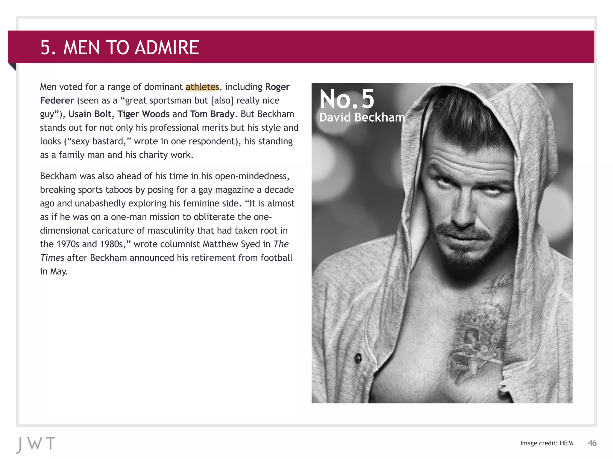 46
5. MEN TO ADMIRE
Men voted for a range of dominant athletes, including Roger
Federer (seen as a “great sportsman but [also] really nice
guy”), Usain Bolt, Tiger Woods and Tom Brady. But Beckham
stands out for not only his professional merits but his style and
looks (“sexy bastard,” wrote in one respondent), his standing
as a family man and his charity work.
Beckham was also ahead of his time in his open-mindedness,
breaking sports taboos by posing for a gay magazine a decade
ago and unabashedly exploring his feminine side. “It is almost
as if he was on a one-man mission to obliterate the one-
dimensional caricature of masculinity that had taken root in
the 1970s and 1980s,” wrote columnist Matthew Syed in The
Times after Beckham announced his retirement from football
in May.
No.5
David Beckham
Image credit: H&M
 