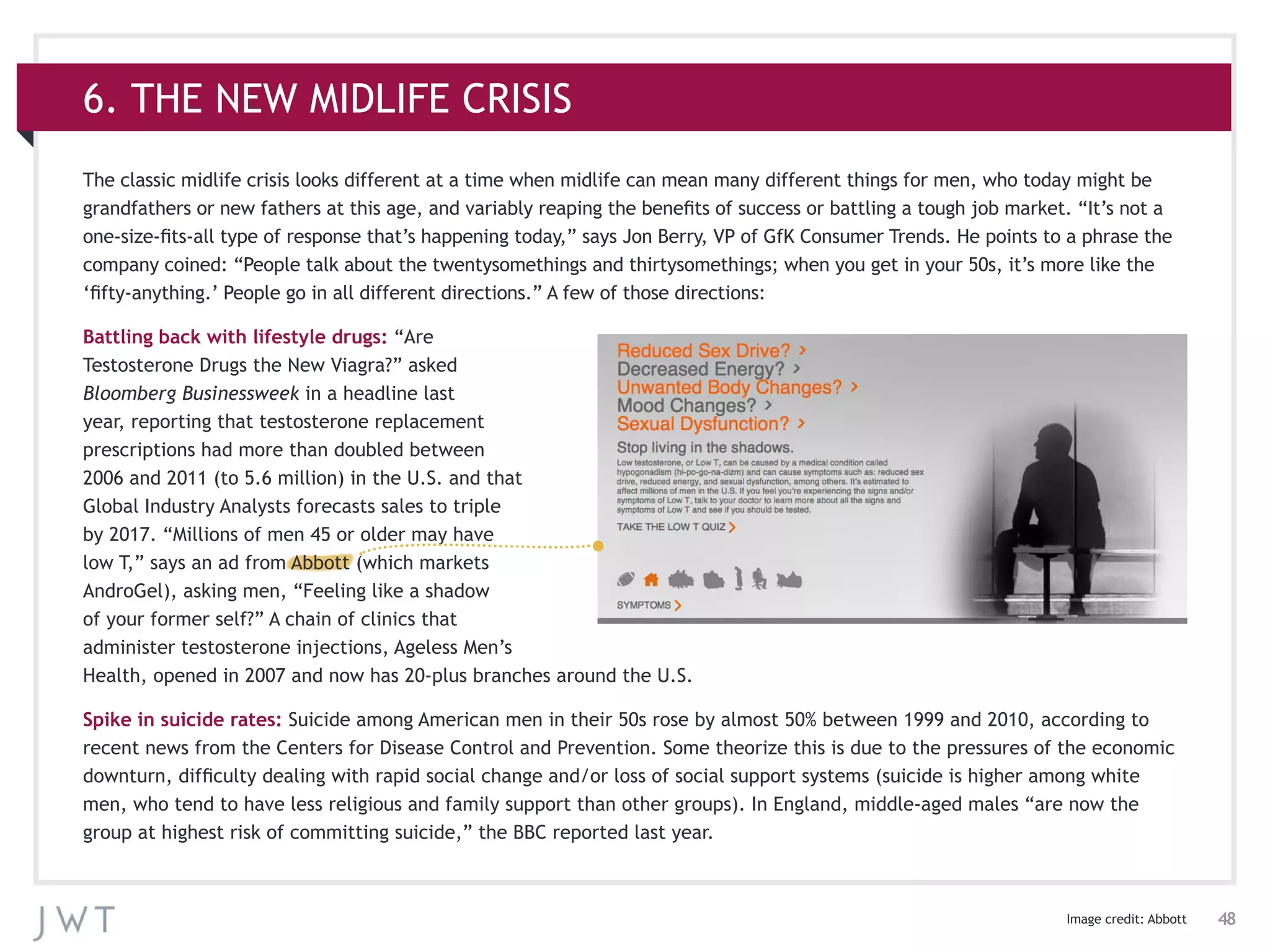 48
6. THE NEW MIDLIFE CRISIS
The classic midlife crisis looks different at a time when midlife can mean many different things for men, who today might be
grandfathers or new fathers at this age, and variably reaping the benefits of success or battling a tough job market. “It’s not a
one-size-fits-all type of response that’s happening today,” says Jon Berry, VP of GfK Consumer Trends. He points to a phrase the
company coined: “People talk about the twentysomethings and thirtysomethings; when you get in your 50s, it’s more like the
‘fifty-anything.’ People go in all different directions.” A few of those directions:
Battling back with lifestyle drugs: “Are
Testosterone Drugs the New Viagra?” asked
Bloomberg Businessweek in a headline last
year, reporting that testosterone replacement
prescriptions had more than doubled between
2006 and 2011 (to 5.6 million) in the U.S. and that
Global Industry Analysts forecasts sales to triple
by 2017. “Millions of men 45 or older may have
low T,” says an ad from Abbott (which markets
AndroGel), asking men, “Feeling like a shadow
of your former self?” A chain of clinics that
administer testosterone injections, Ageless Men’s
Health, opened in 2007 and now has 20-plus branches around the U.S.
Spike in suicide rates: Suicide among American men in their 50s rose by almost 50% between 1999 and 2010, according to
recent news from the Centers for Disease Control and Prevention. Some theorize this is due to the pressures of the economic
downturn, difficulty dealing with rapid social change and/or loss of social support systems (suicide is higher among white
men, who tend to have less religious and family support than other groups). In England, middle-aged males “are now the
group at highest risk of committing suicide,” the BBC reported last year.
Image credit: Abbott
 