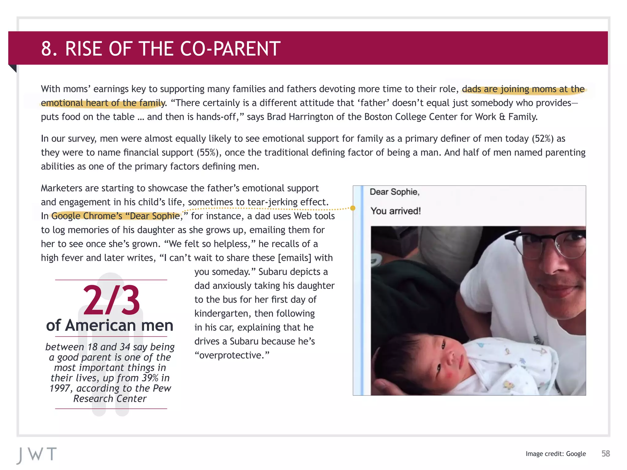 58
8. RISE OF THE CO-PARENT
With moms’ earnings key to supporting many families and fathers devoting more time to their role, dads are joining moms at the
emotional heart of the family. “There certainly is a different attitude that ‘father’ doesn’t equal just somebody who provides—
puts food on the table … and then is hands-off,” says Brad Harrington of the Boston College Center for Work & Family.
In our survey, men were almost equally likely to see emotional support for family as a primary definer of men today (52%) as
they were to name financial support (55%), once the traditional defining factor of being a man. And half of men named parenting
abilities as one of the primary factors defining men.
Marketers are starting to showcase the father’s emotional support
and engagement in his child’s life, sometimes to tear-jerking effect.
In Google Chrome’s “Dear Sophie,” for instance, a dad uses Web tools
to log memories of his daughter as she grows up, emailing them for
her to see once she’s grown. “We felt so helpless,” he recalls of a
high fever and later writes, “I can’t wait to share these [emails] with
you someday.” Subaru depicts a
dad anxiously taking his daughter
to the bus for her first day of
kindergarten, then following
in his car, explaining that he
drives a Subaru because he’s
“overprotective.”
2/3of American men
between 18 and 34 say being
a good parent is one of the
most important things in
their lives, up from 39% in
1997, according to the Pew
Research Center
Image credit: Google
 