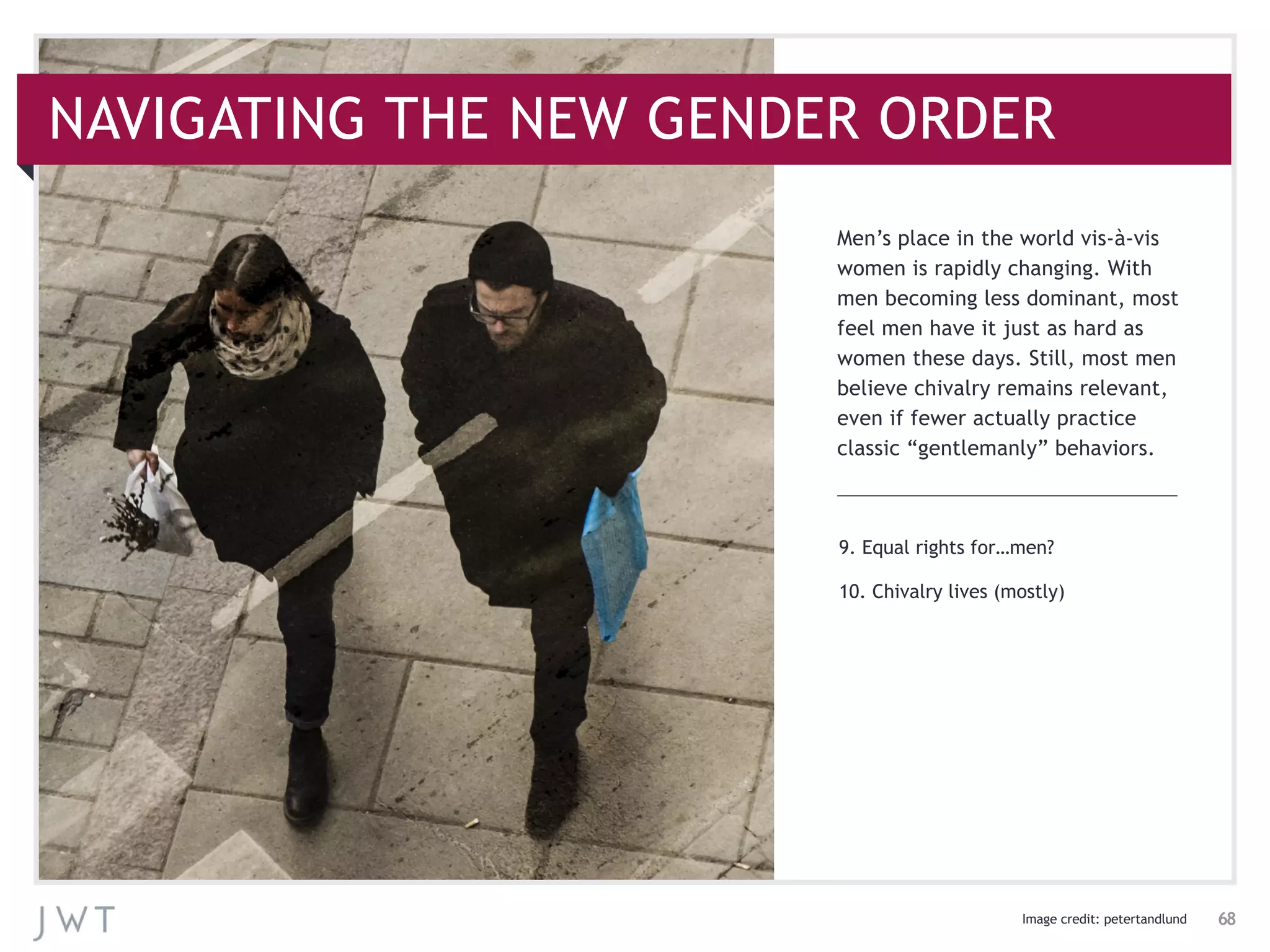 9. Equal rights for…men?
10. Chivalry lives (mostly)
Men’s place in the world vis-à-vis
women is rapidly changing. With
men becoming less dominant, most
feel men have it just as hard as
women these days. Still, most men
believe chivalry remains relevant,
even if fewer actually practice
classic “gentlemanly” behaviors.
Image credit: petertandlund 68
NAVIGATING THE NEW GENDER ORDER
 